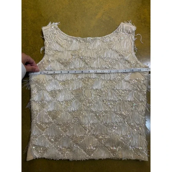 RARE 100% Wool Vtg Hand Beaded Sleeveless Top with Sequins Elegant Fringe Boho - Picture 8 of 11